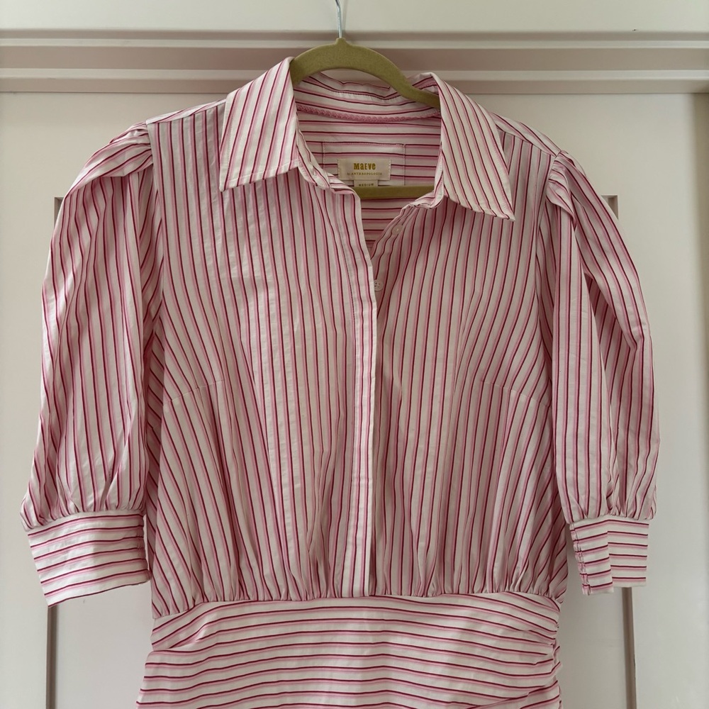 NWOT Maeve Anthropologie Fitted Ruched Mini Shirt Dress Pink Striped M - Picture 3 of 9